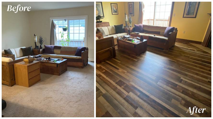 before and after living room hardwood flooring installation