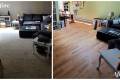 before and after living room carpet removal and hardwood flooring installation