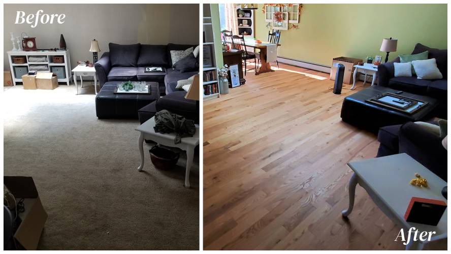 before and after living room carpet removal and hardwood flooring installation