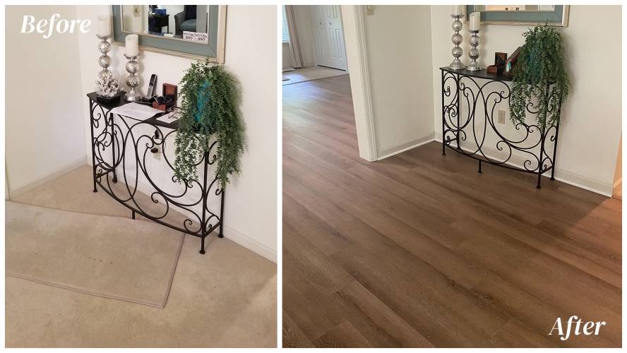 before and after carpet removal and flooring installation