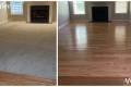 before and after living room carpet removal and hardwood flooring installation