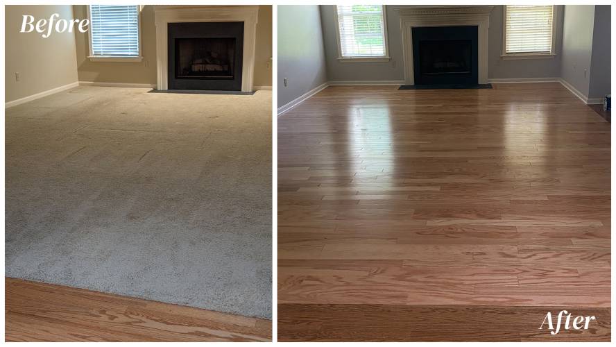 before and after living room carpet removal and hardwood flooring installation