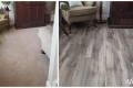 before and after living room carpet removal and flooring installation