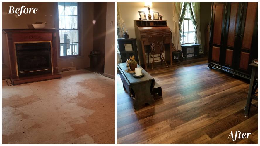 before and after living room flooring installation