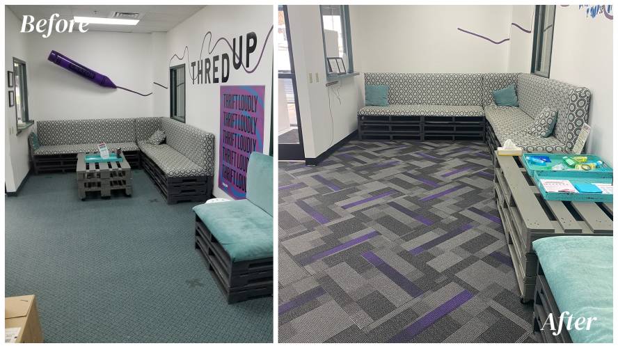 before and after waiting room carpet removal and carpet installation