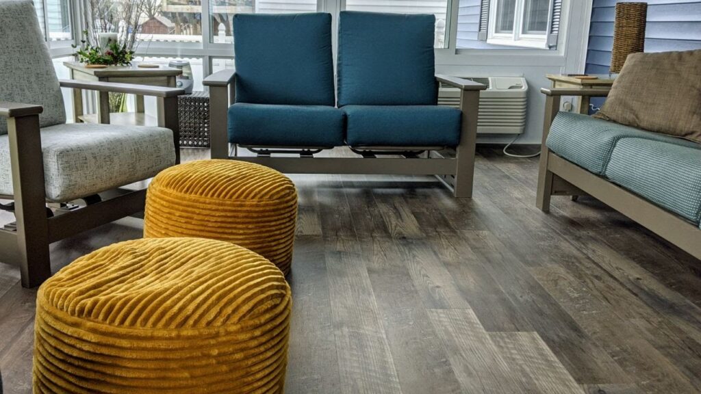 newly installed luxury vinyl tile flooring in a sun room