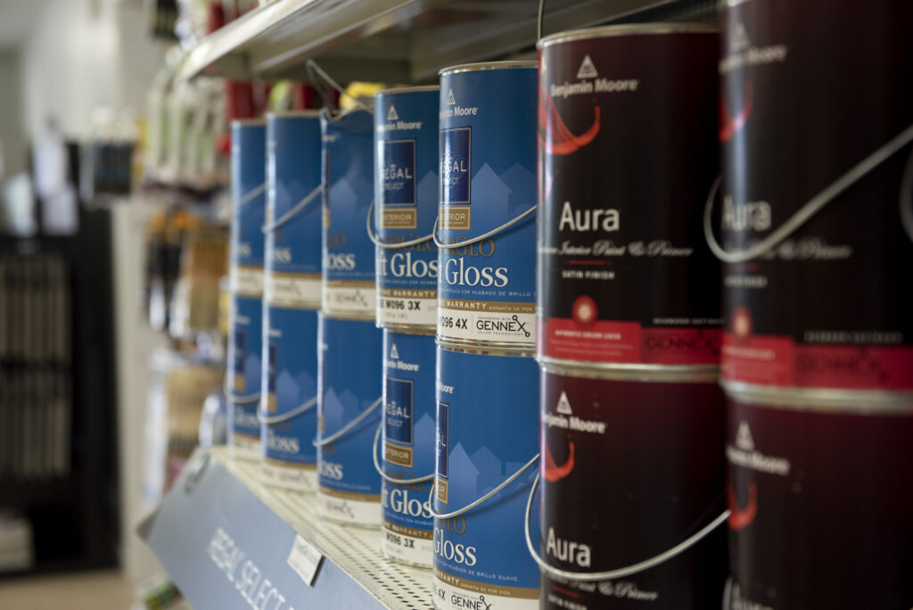 benjamin moore paint cans on a shelf